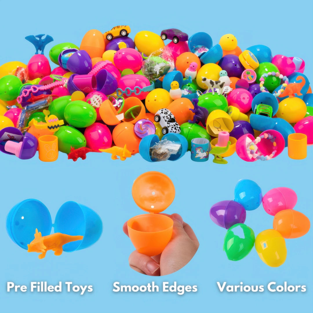 Selection of brightly coloured Eggsplore Easter eggs shown on a table, demonstrating smooth, safe design.