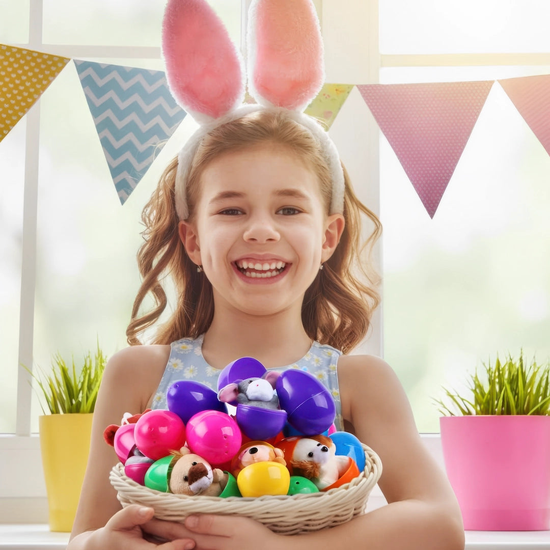 A smiling child celebrating Easter, holding bright Eggsplore pre-filled eggs in the garden.