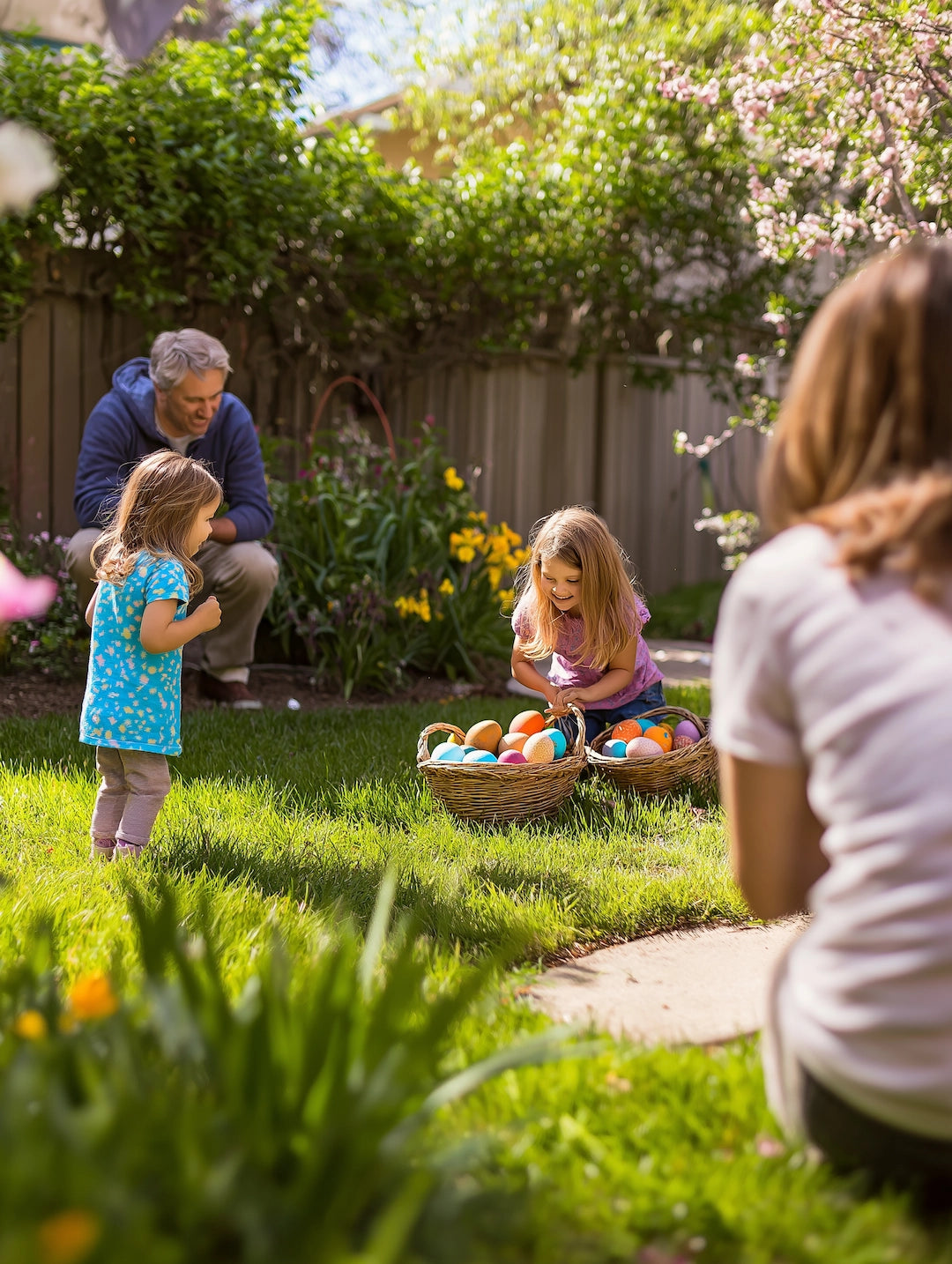 A cheerful family bonding in the garden, helping each other search for Eggsplore Easter eggs.